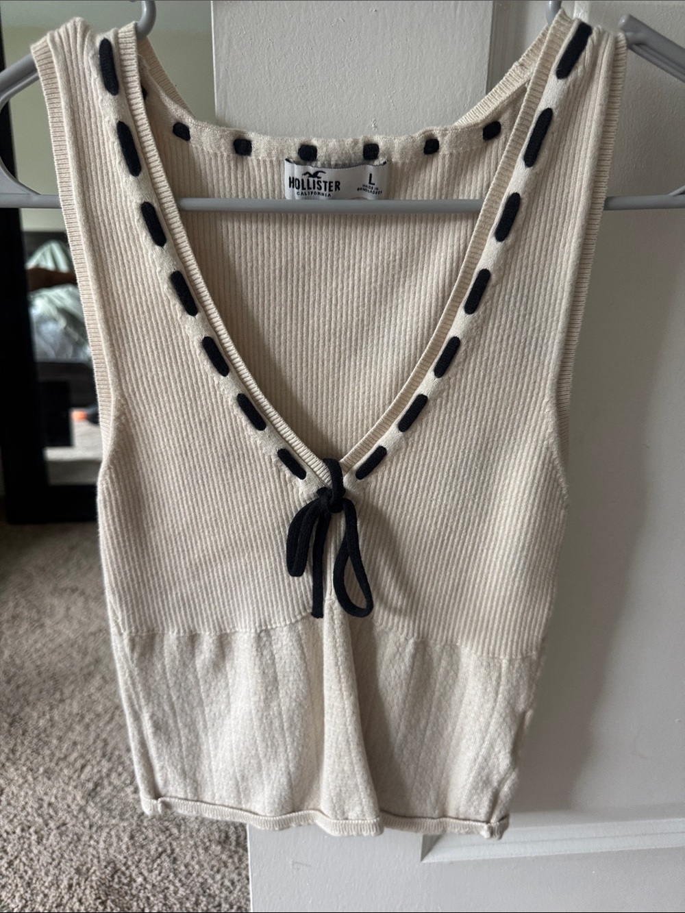Hollister Cream Knit Tank with Black Trim and Front Tie